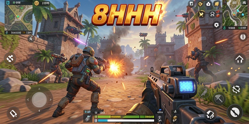 Tampilan gameplay <strong>8HHH</strong> yang mendebarkan di medan perang TPS.