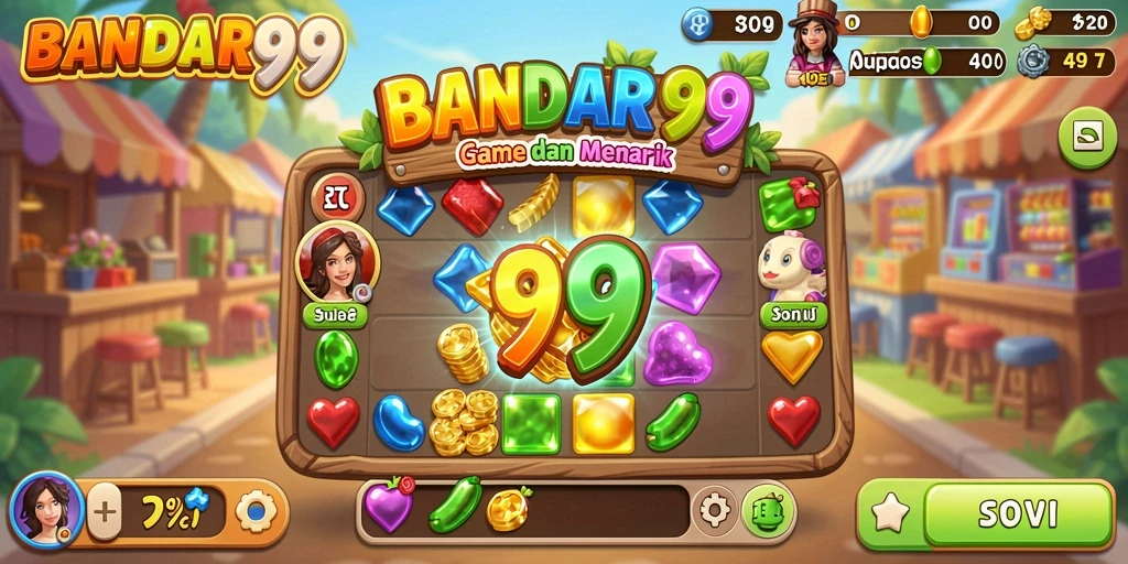 Gameplay seru BANDAR99 dengan pencocokan permata yang berwarna-warni.