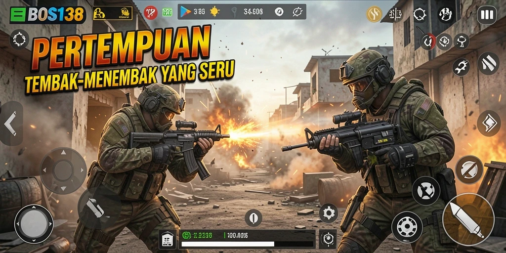 Screenshot utama menunjukkan aksi tembak-menembak mendebarkan di BOS138.