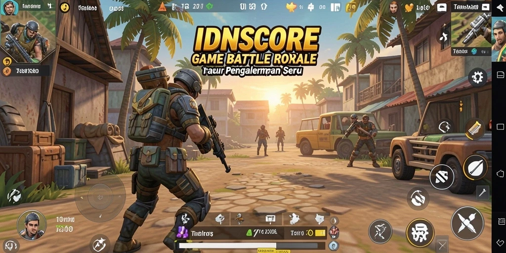 Tampilan menegangkan gameplay Battle Royale IDNSCORE dengan aksi pertempuran yang intens.