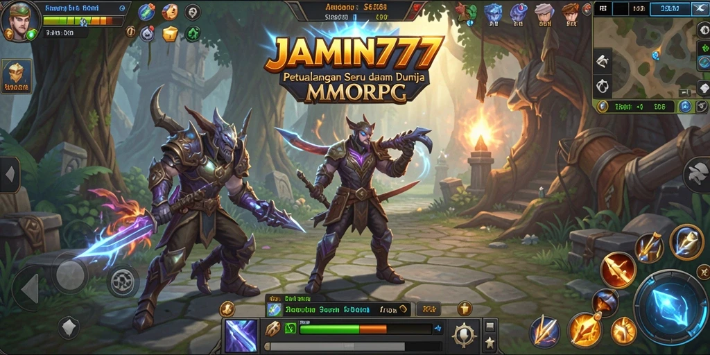 Screenshot gameplay JAMIN777 menampilkan pertarungan epik antara karakter dalam dunia MMORPG.