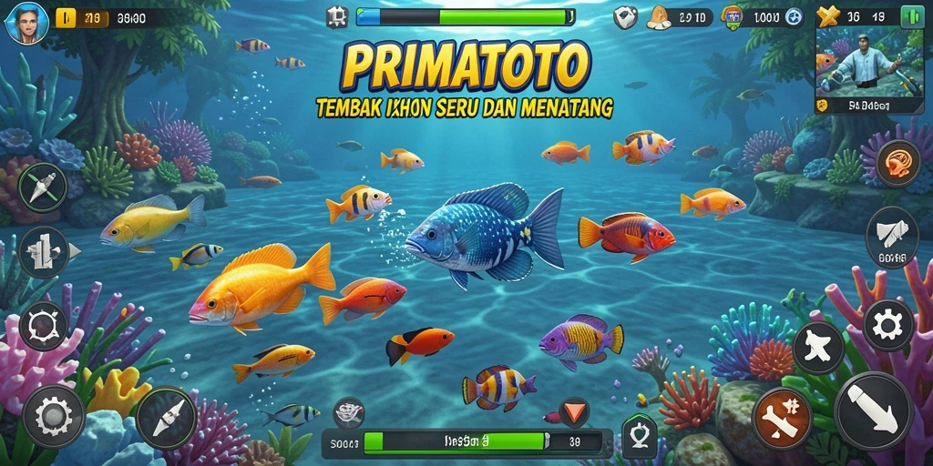 Tampilan gameplay seru dalam PRIMATOTO saat menembak ikan.