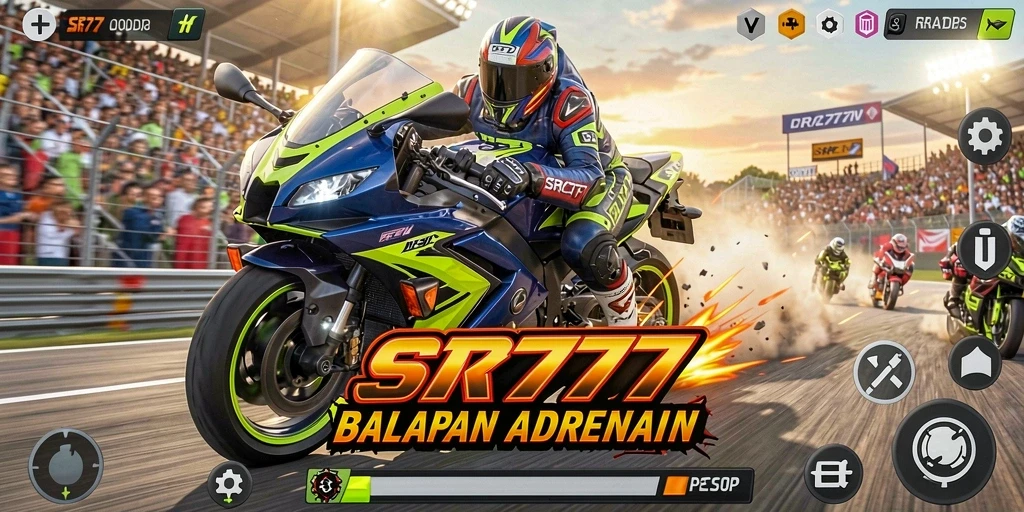 Screenshot gameplay SR777 yang penuh aksi balapan motor.