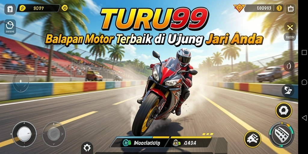 Tampilan gameplay mendebarkan dari TURU99 dengan motor balap.