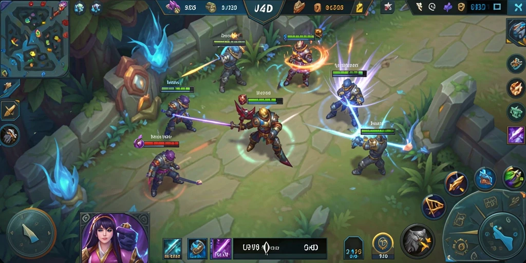 Screenshot gameplay <strong>UNO4D</strong> dengan aksi pertempuran MOBA yang intens.